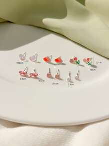 6對花和蝴蝶結設計耳釘 - 粉色 - 查看 3