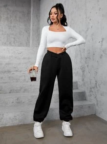 SHEIN EZwear Quần nỉ lót nhiệt dáng rộng thùng thình chữ V chéo cạp cao đơn giản cho nữ - màu đen - Xem 4