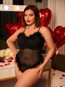 Plus Fuzzy Trim Mesh Overlay Cami Bodysuit Without Lingerie - Black - View 4