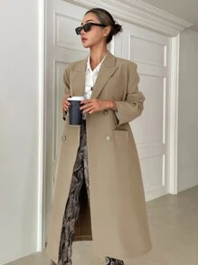 DAZY 翻领双排扣长款大衣，女士冬季优雅双纽扣，口袋常规袖翻领常规版型摩卡棕色纯色女式大衣，户外活动女式夹克，秋季女装 - 摩卡棕 - 查看 1