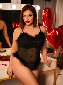 Plus Fuzzy Trim Mesh Overlay Cami Bodysuit Without Lingerie - Black - View 5