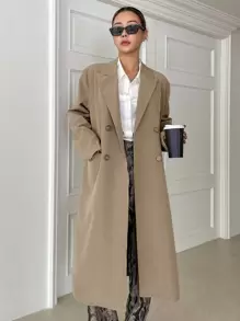 DAZY 翻领双排扣长款大衣，女士冬季优雅双纽扣，口袋常规袖翻领常规版型摩卡棕色纯色女式大衣，户外活动女式夹克，秋季女装 - 摩卡棕 - 查看 5