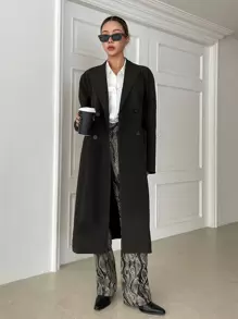 DAZY Lapel Neck Double Breasted Longline Coat,Fall Clothes Women Jacket - Black - View 4