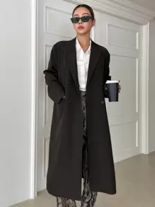 DAZY Lapel Neck Double Breasted Longline Coat,Fall Clothes Women Jacket - Black - View 5
