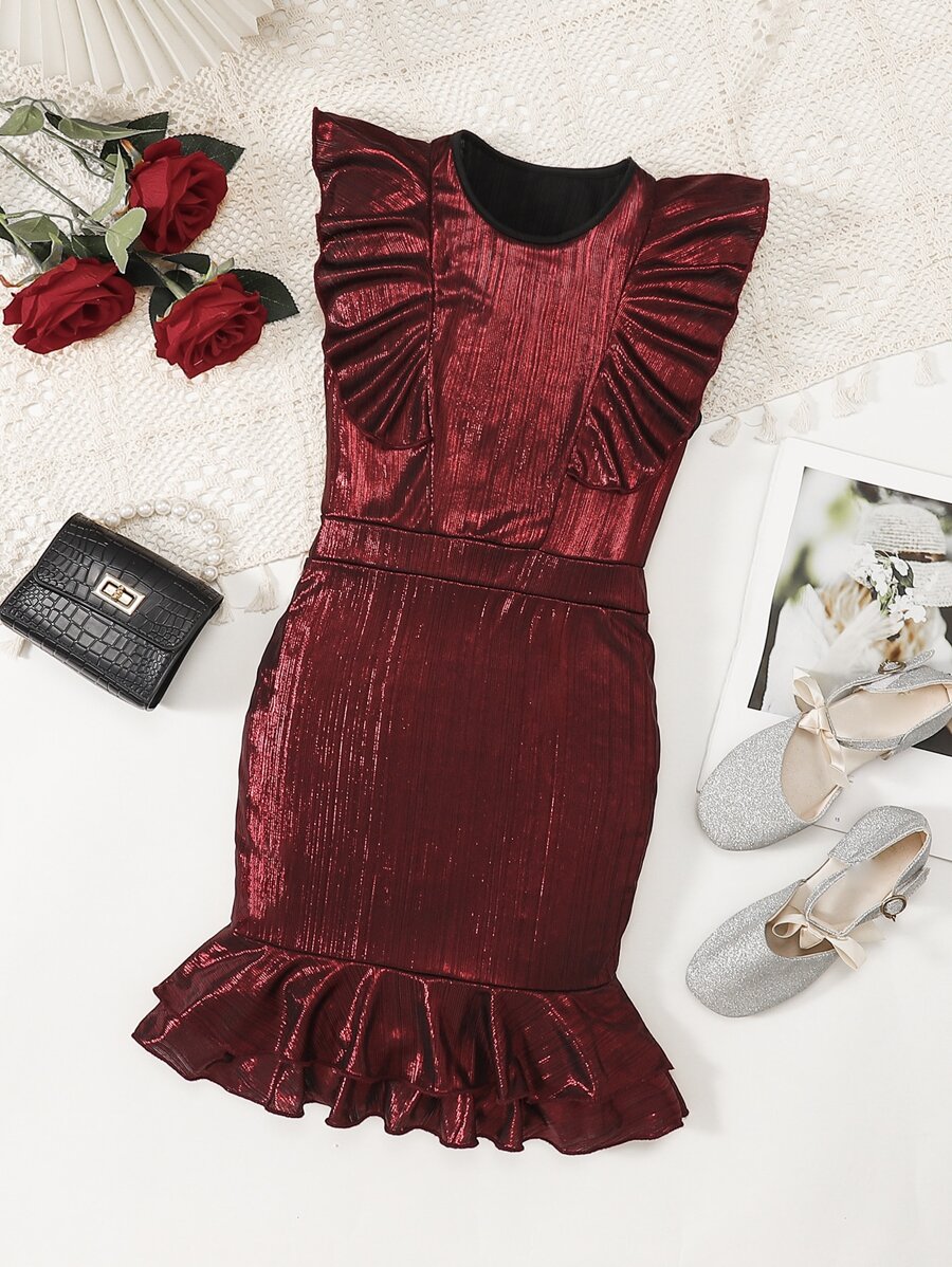 Tween Girls Ruffle Trim Mermaid Hem Party Dress - Red - View 1