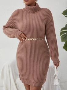 SHEIN Clasi Plus Turtleneck Drop Shoulder Jumper Dress Without Belt - Coral Pink - View 1