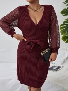 Plus Contrast Lace Lantern Sleeve Belted Jumper Dress - Burgundy - View 1