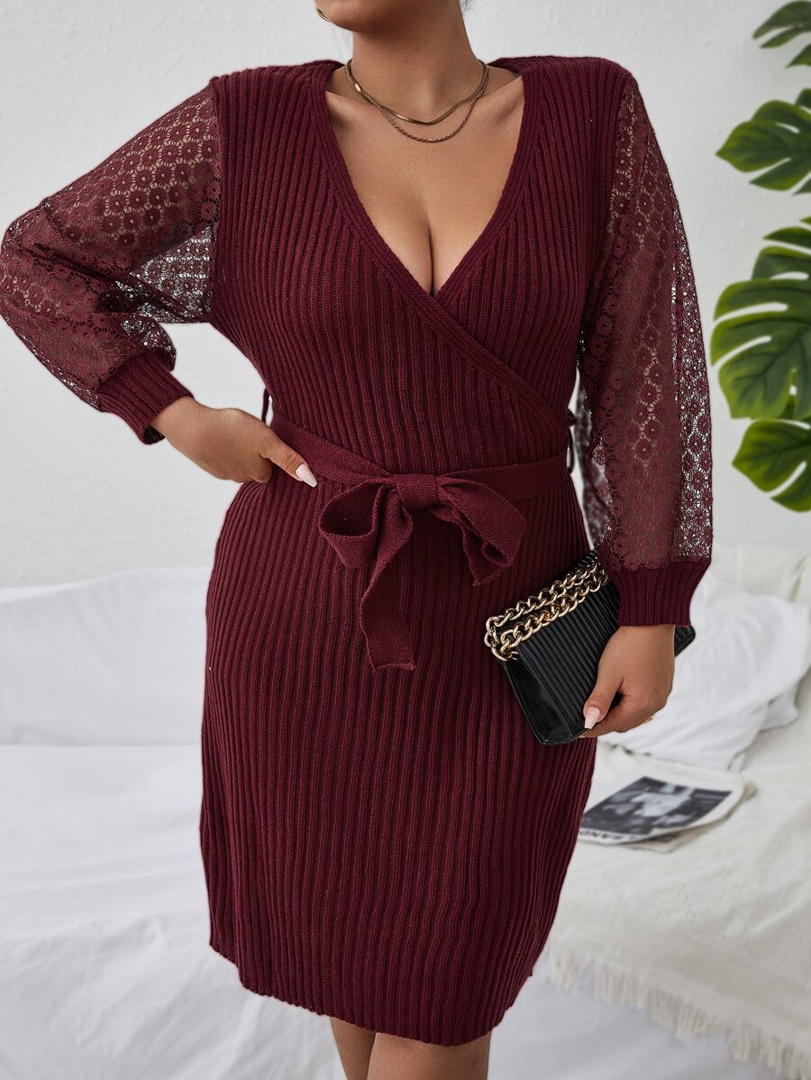 Plus Contrast Lace Lantern Sleeve Belted Jumper Dress - Burgundy - View 1