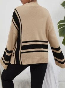 Calvaya Plus Striped Pattern Drop Shoulder Jumper - Khaki - View 2