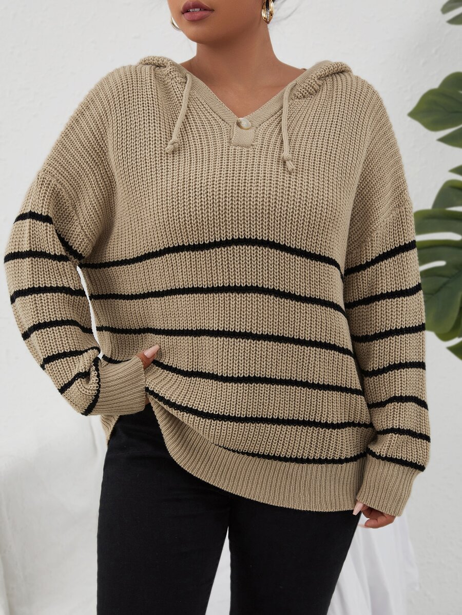 Plus Striped Pattern Drop Shoulder Drawstring Hooded Jumper - Khaki - View 1