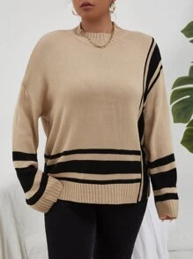 Calvaya Plus Striped Pattern Drop Shoulder Jumper - Khaki - View 3