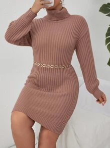 SHEIN Clasi Plus Turtleneck Drop Shoulder Jumper Dress Without Belt - Coral Pink - View 3