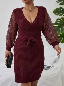 Plus Contrast Lace Lantern Sleeve Belted Jumper Dress - Burgundy - View 3