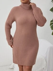 SHEIN Clasi Plus Turtleneck Drop Shoulder Jumper Dress Without Belt - Coral Pink - View 4