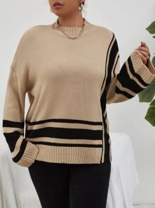 Calvaya Plus Striped Pattern Drop Shoulder Jumper - Khaki - View 4