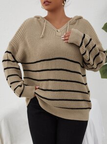 Plus Striped Pattern Drop Shoulder Drawstring Hooded Jumper - Khaki - View 3