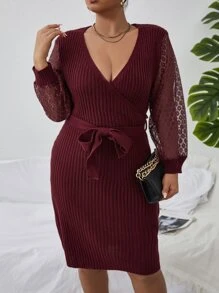 Plus Contrast Lace Lantern Sleeve Belted Jumper Dress - Burgundy - View 4