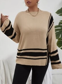 Calvaya Plus Striped Pattern Drop Shoulder Jumper - Khaki - View 5