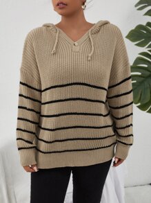 Plus Striped Pattern Drop Shoulder Drawstring Hooded Jumper - Khaki - View 4