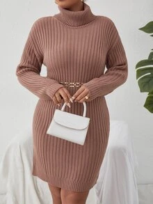 SHEIN Clasi Plus Turtleneck Drop Shoulder Jumper Dress Without Belt - Coral Pink - View 5