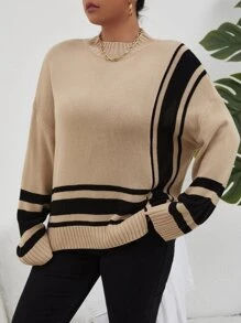 Calvaya Plus Striped Pattern Drop Shoulder Jumper - Khaki - View 6