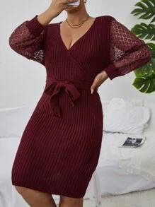 Plus Contrast Lace Lantern Sleeve Belted Jumper Dress - Burgundy - View 5