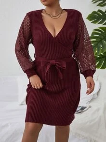 Plus Contrast Lace Lantern Sleeve Belted Jumper Dress - Burgundy - View 6