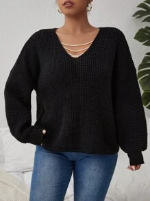 Plus Pearl Chain Detail Drop Shoulder Jumper - Black - View 1