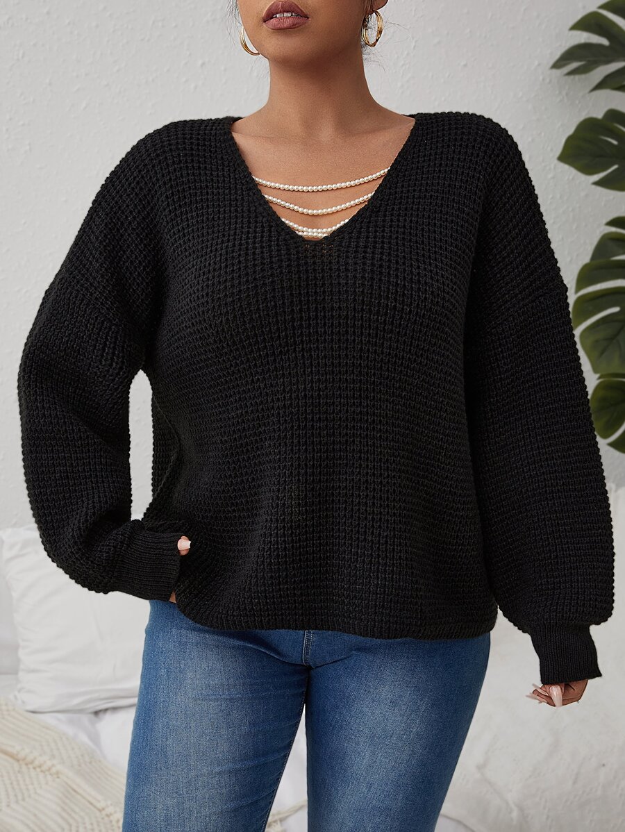 Plus Pearl Chain Detail Drop Shoulder Jumper - Black - View 1