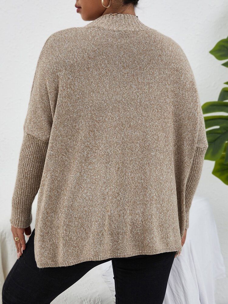 Plus Mock Neck Drop Shoulder Slit Hem Marled Knit Sweater, For Winter Knit Pullover Fall Autumn