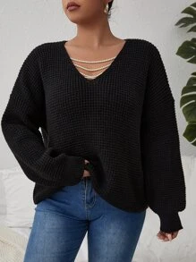 Plus Pearl Chain Detail Drop Shoulder Jumper - Black - View 3