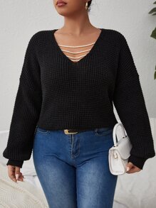 Plus Pearl Chain Detail Drop Shoulder Jumper - Black - View 4