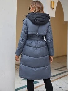 Zip Up Hooded Belted Padded Coat - Dusty Blue - View 2