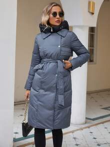Zip Up Hooded Belted Padded Coat - Dusty Blue - View 3