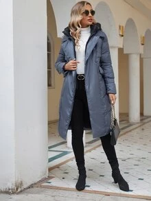 Zip Up Hooded Belted Padded Coat - Dusty Blue - View 4