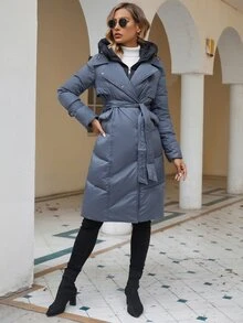 Zip Up Hooded Belted Padded Coat - Dusty Blue - View 5