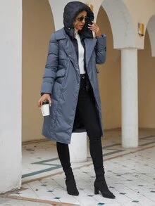 Zip Up Hooded Belted Padded Coat - Dusty Blue - View 6