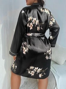 Bata con estampado floral ribete en contraste con cinturón de satén sin set de lencería - Negro - Ver 2