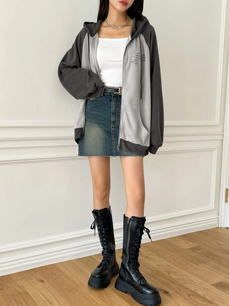 DAZY Áo hoodie tay dài Raglan họa tiết Slogan Graphic Colorblock, Áo khoác nỉ nữ mùa thu - Màu xám đen - Xem 4