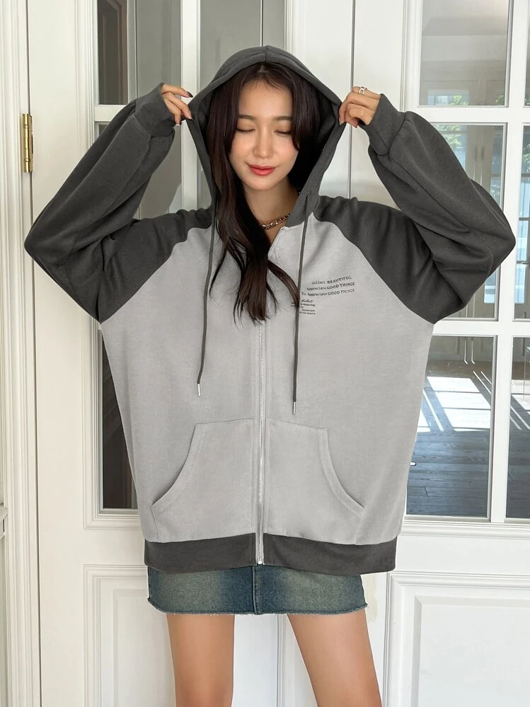 DAZY Áo hoodie tay dài Raglan họa tiết Slogan Graphic Colorblock, Áo khoác nỉ nữ mùa thu - Màu xám đen - Xem 5