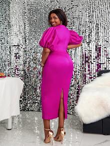 Plus Puff Sleeve Split Thigh Cut Out Front Bodycon Dress - Red Violet - View 2