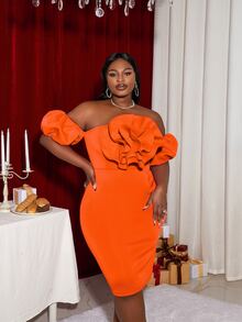 大碼一字肩誇張荷葉邊緊身連衣裙 - 橘色 - 查看 3
