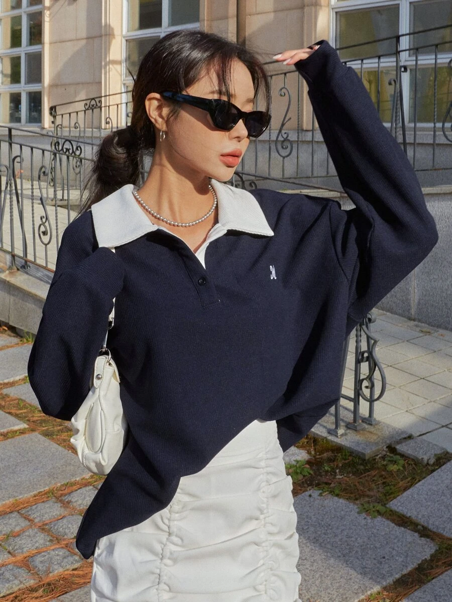 DAZY Letter Embroidery Contrast Polo Neck Drop Shoulder Sweatshirt,Fall Clothes - Navy Blue - View 1