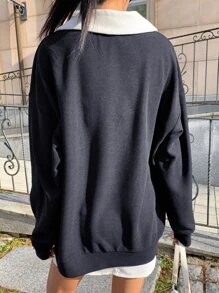 DAZY Letter Embroidery Contrast Polo Neck Drop Shoulder Sweatshirt,Fall Clothes - Navy Blue - View 2