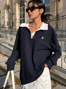 DAZY Letter Embroidery Contrast Polo Neck Drop Shoulder Sweatshirt,Fall Clothes - Navy Blue - View 3