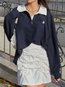 DAZY Letter Embroidery Contrast Polo Neck Drop Shoulder Sweatshirt,Fall Clothes - Navy Blue - View 8