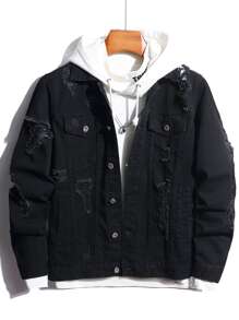 Manfinity Hombres Cazadora mezclilla desgarro con bolsillo con solapa sin capucha - Negro - Ver 1