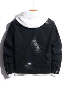 Manfinity Hombres Cazadora mezclilla desgarro con bolsillo con solapa sin capucha - Negro - Ver 2