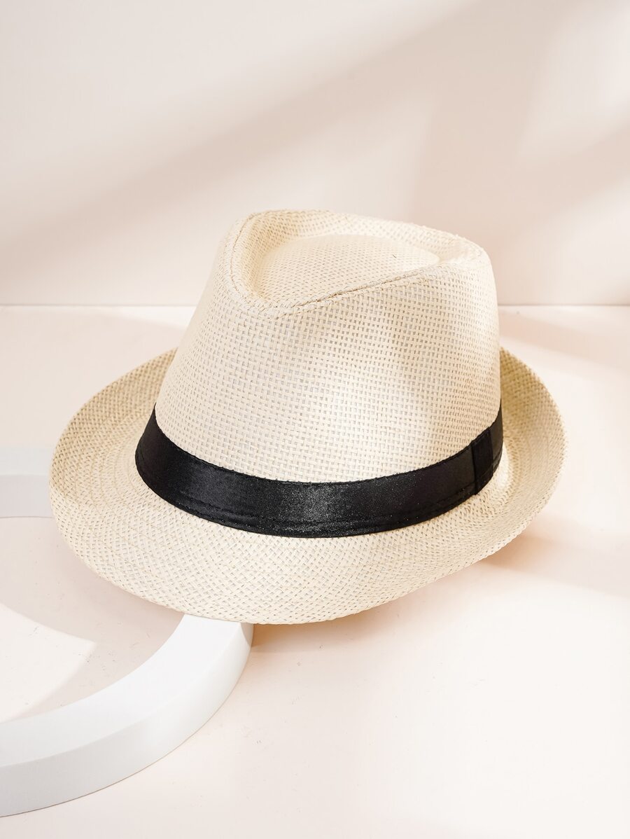 Sombrero tejido de Color sólido para hombre, sombrero de paja transpirable con protección solar, sombrero de Jazz para personas mayores, 1 pieza - Beis - Ver 1