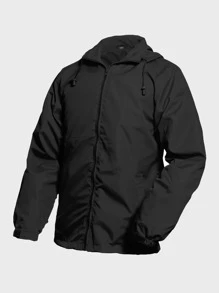 男士拉鏈開襟抽繩連帽防風夾克 - 黑色 - 查看 1